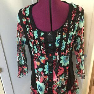 Beautiful bright floral and black multi colored buttons peplum ruffles sheer XL